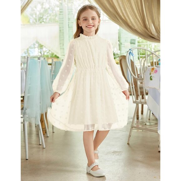 Girls Beige A-line Midi Dress with Ruffle Collar & Flared Sleeves - Sizes 5-13 - Picture 3 of 8
